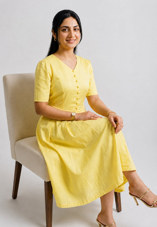 Golden Bloom Cotton Midi Dress