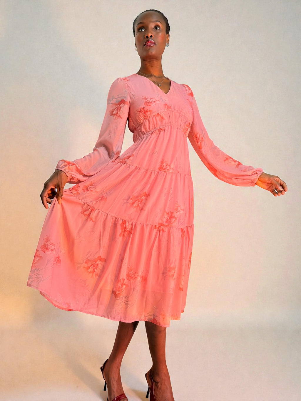 Pink Petal Breeze Chiffon Midi Dress