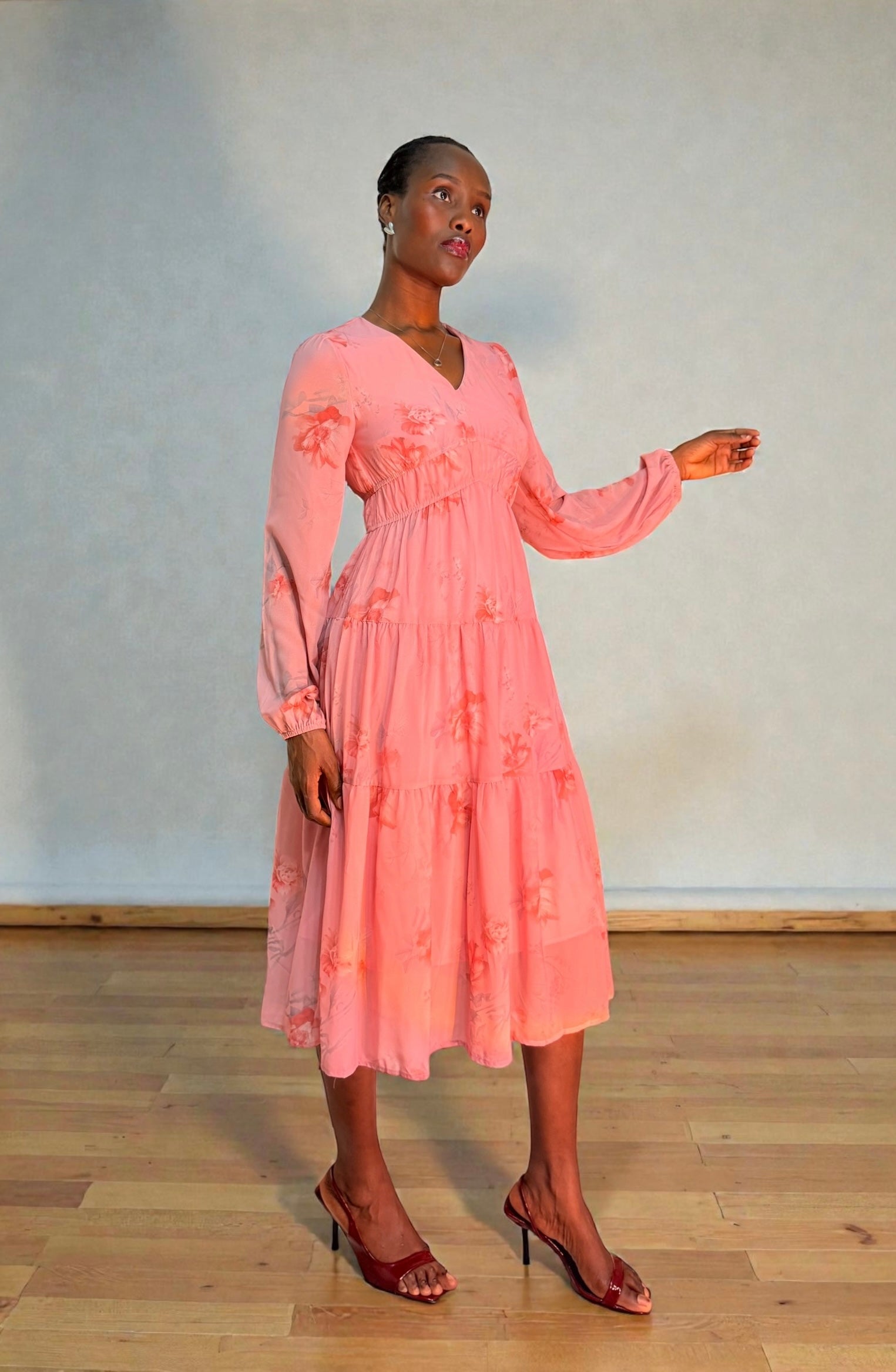 Pink Petal Breeze Chiffon Midi Dress