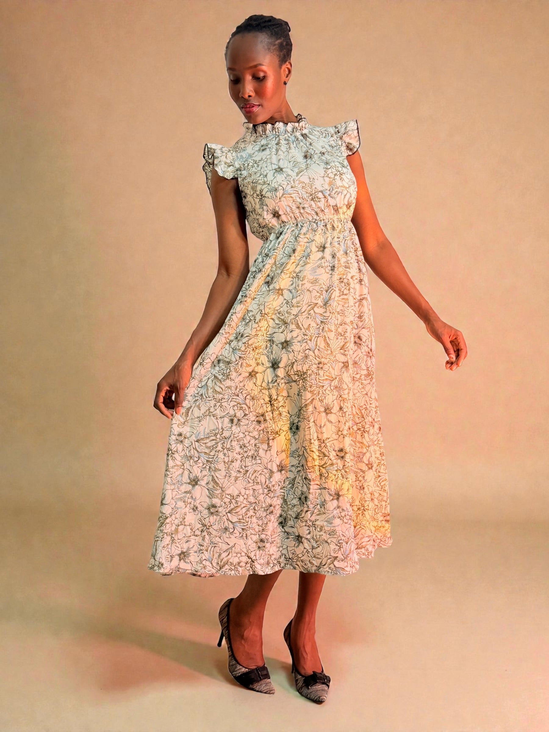 Ivory Garden Chiffon Midi Dress