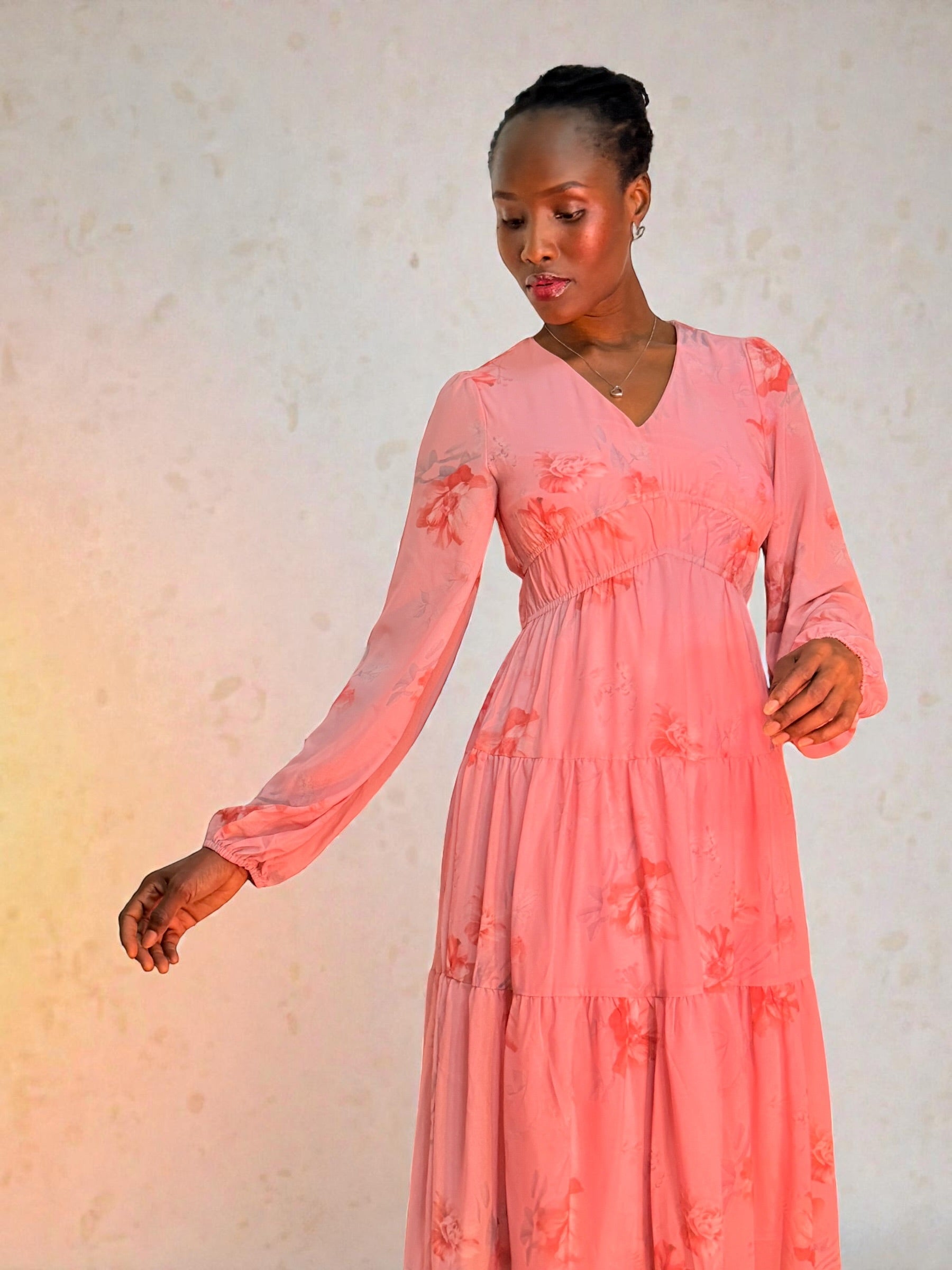 Pink Petal Breeze Chiffon Midi Dress