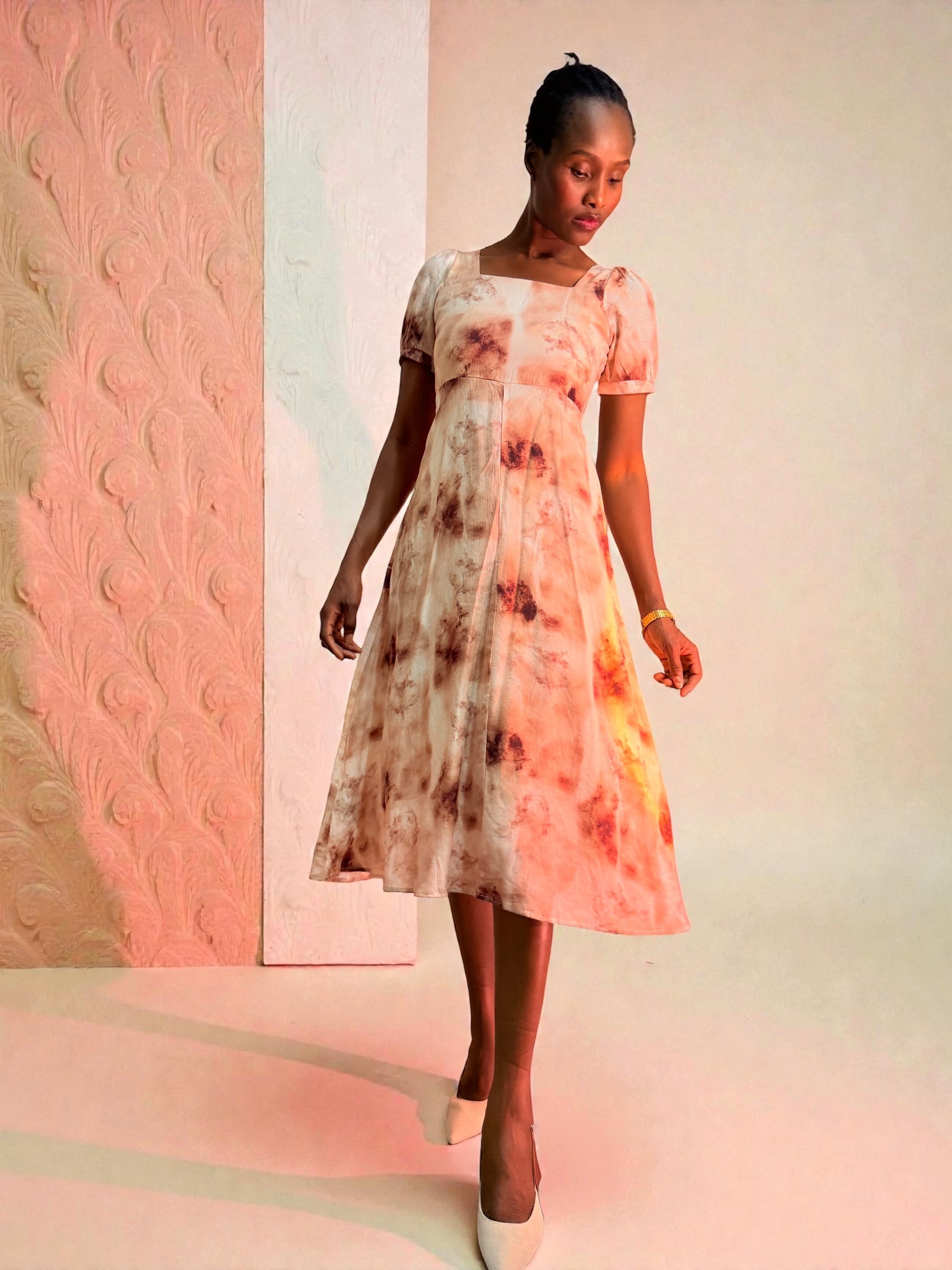 Mocha Marble Chiffon Midi Dress