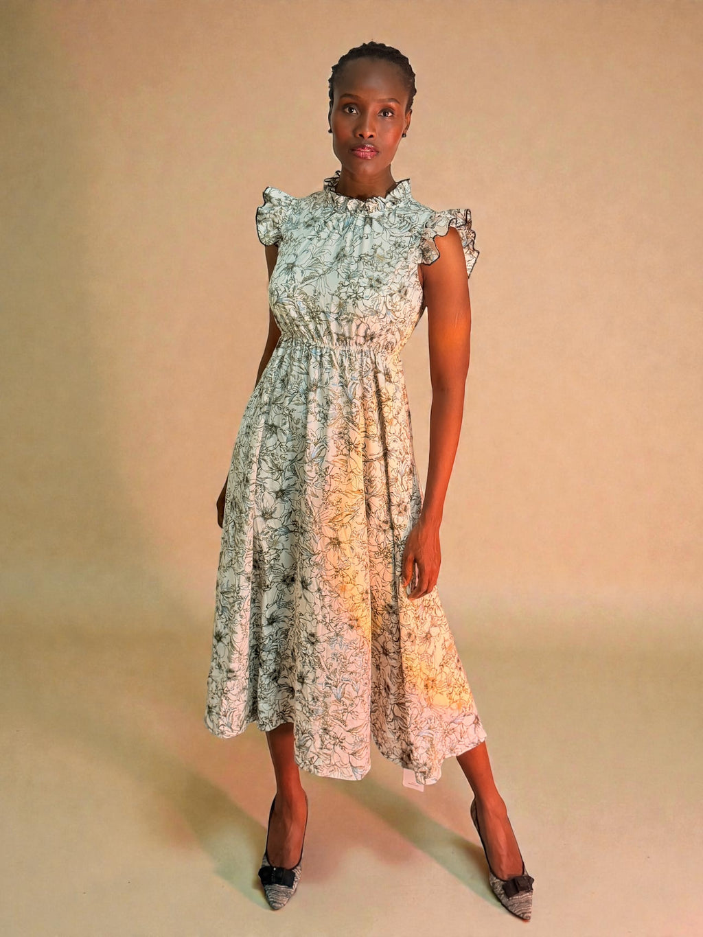 Ivory Garden Chiffon Midi Dress