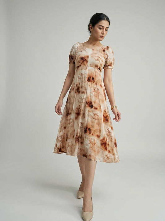 Mocha Marble Chiffon Midi Dress