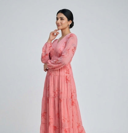 Pink Petal Breeze Chiffon Midi Dress