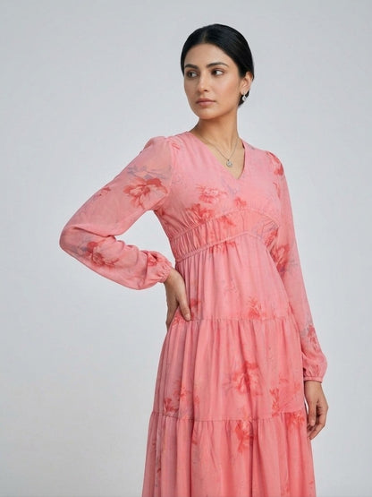 Pink Petal Breeze Chiffon Midi Dress