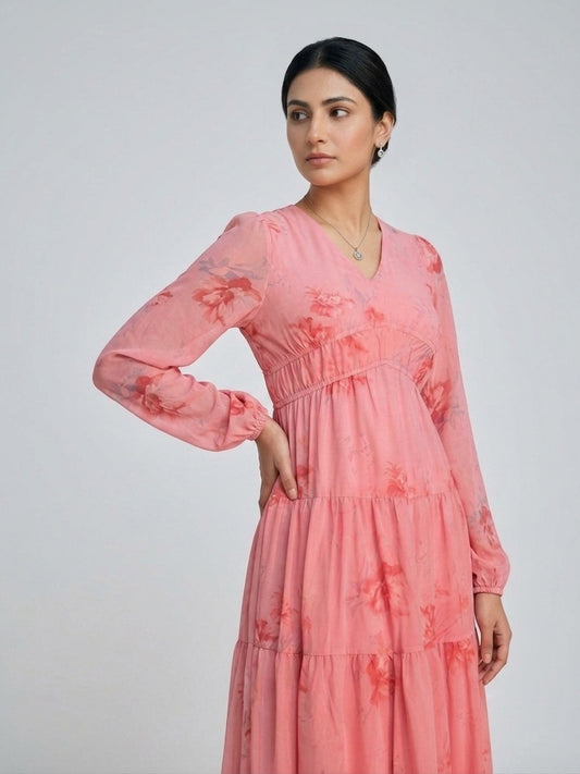 Pink Petal Breeze Chiffon Midi Dress