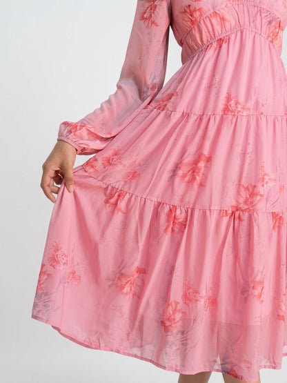 Pink Petal Breeze Chiffon Midi Dress