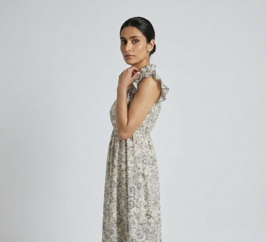Ivory Garden Chiffon Midi Dress