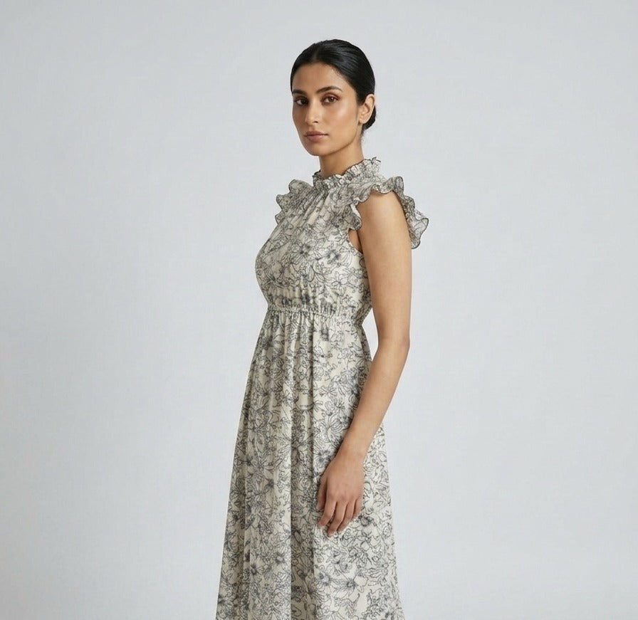 Ivory Garden Chiffon Midi Dress