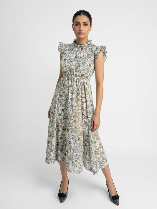 Ivory Garden Chiffon Midi Dress