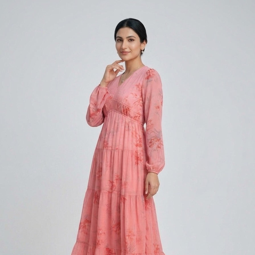 Pink Petal Breeze Chiffon Midi Dress
