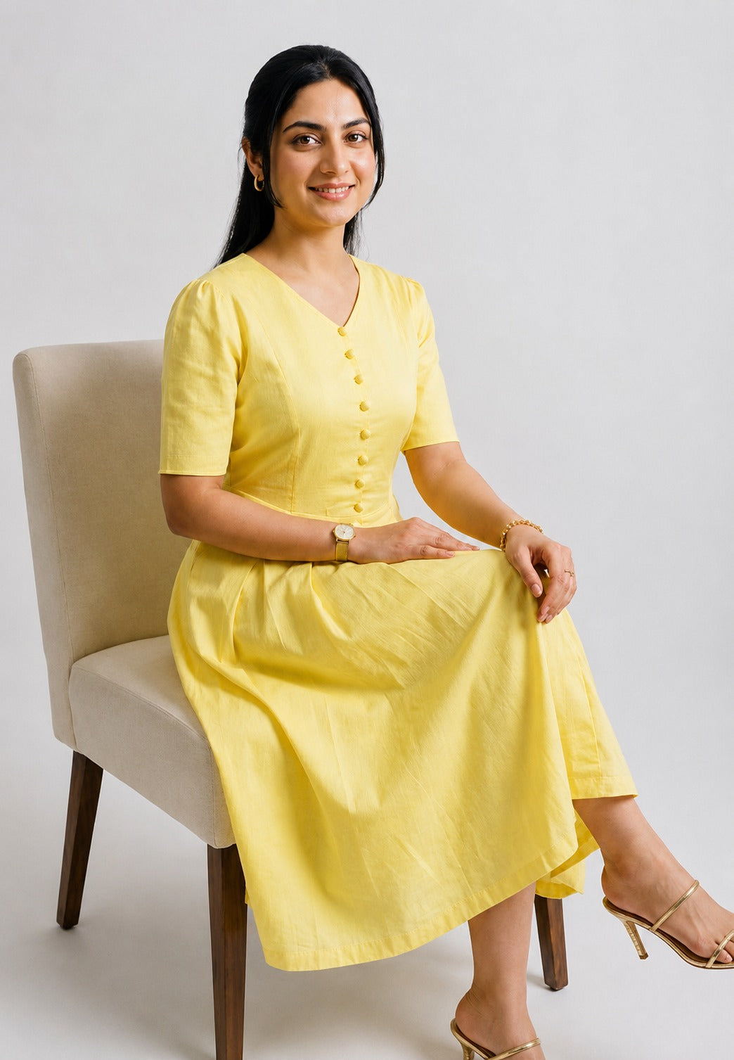 Golden Bloom Cotton Midi Dress
