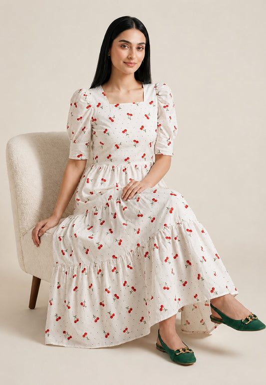 Cherry Bloom Cotton Midi Dress