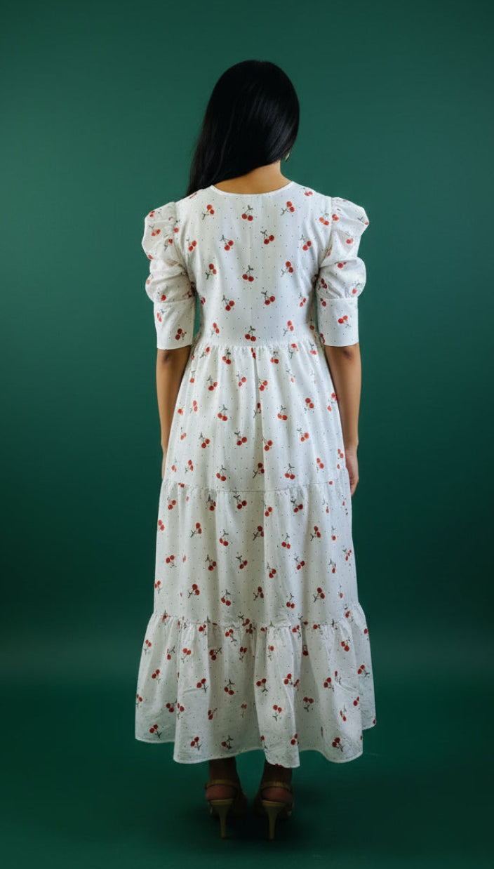 Cherry Bloom Cotton Midi Dress – Effortless Charm, Thoughtfully Made.