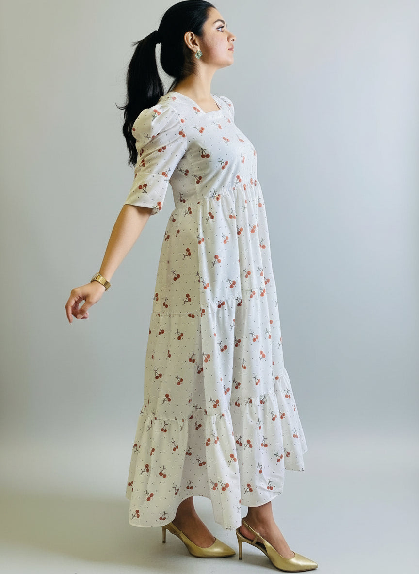 Cherry Bloom Cotton Midi Dress – Effortless Charm, Thoughtfully Made.