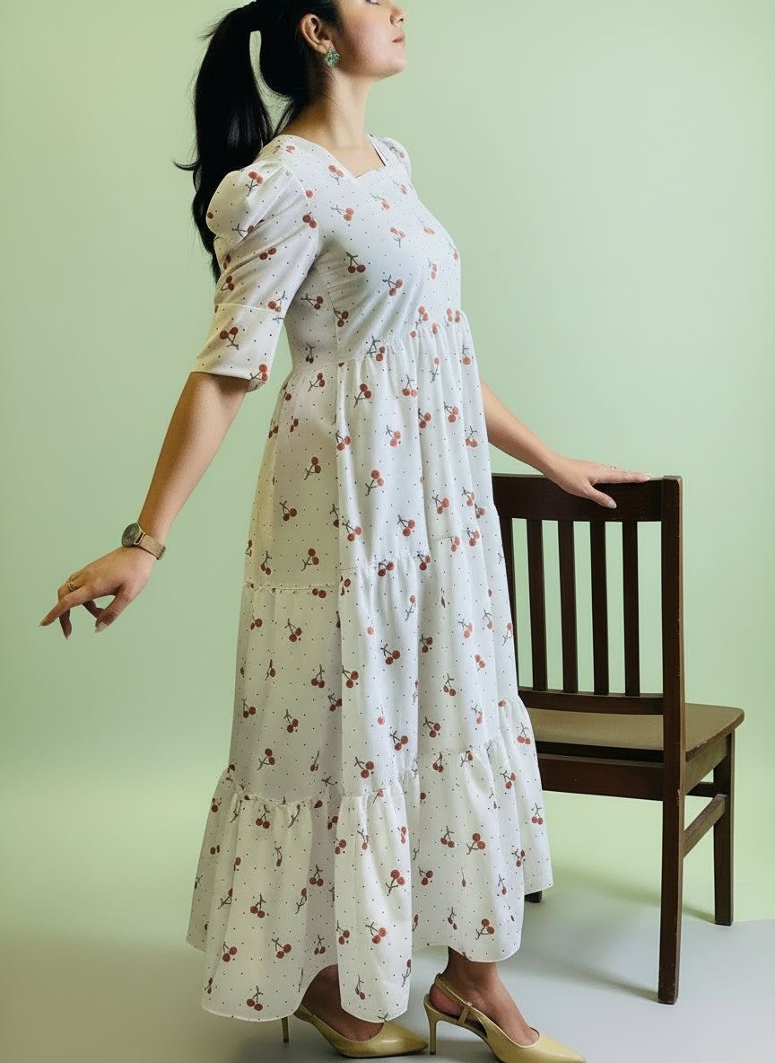 Cherry Bloom Cotton Midi Dress – Effortless Charm, Thoughtfully Made.