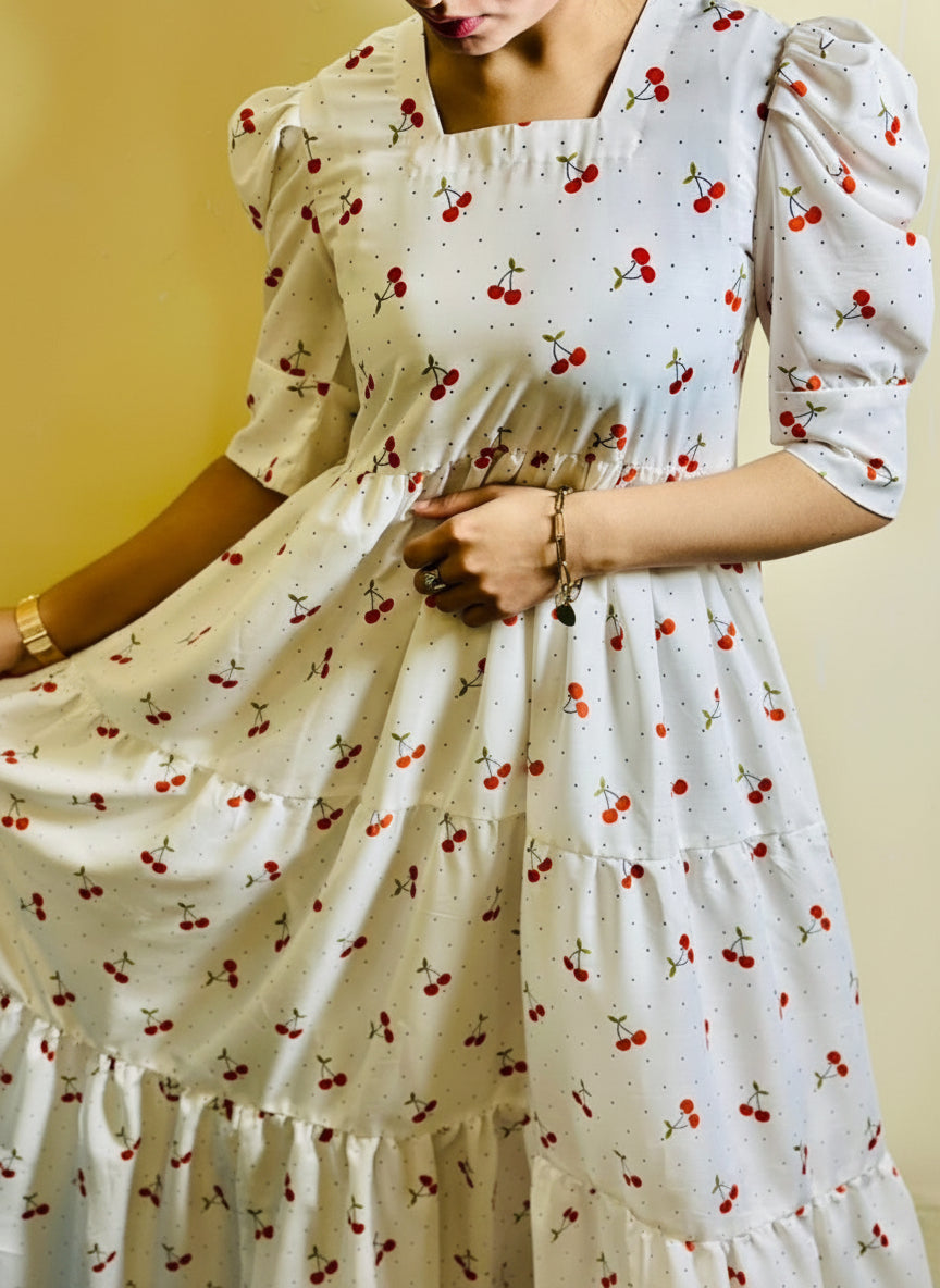 Cherry Bloom Cotton Midi Dress – Effortless Charm, Thoughtfully Made.