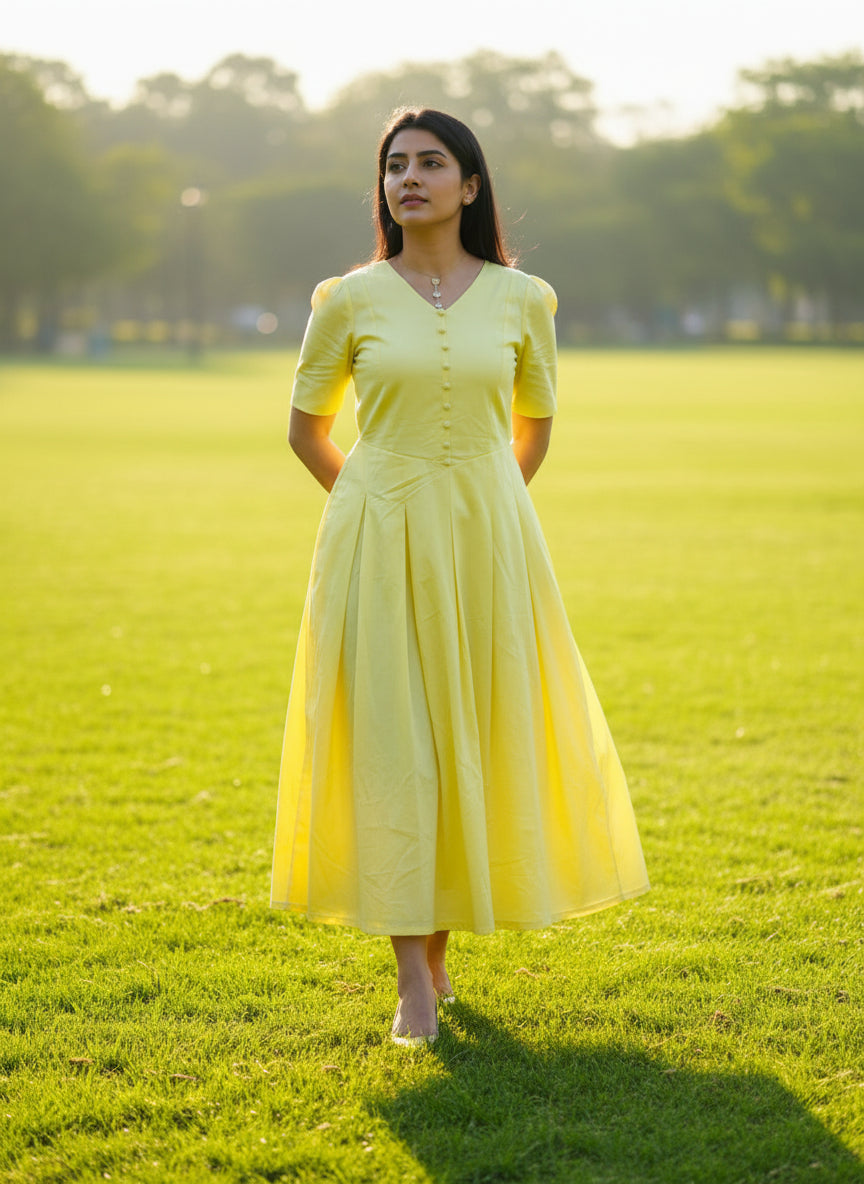 Golden Bloom Cotton Midi Dress – A Symphony of Elegance and Joy