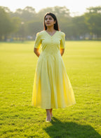Golden Bloom Cotton Midi Dress – A Symphony of Elegance and Joy